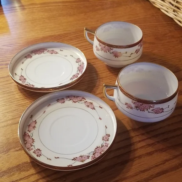 2 Antique Soko China hand painted cherry blossoms footed cup & saucer sets